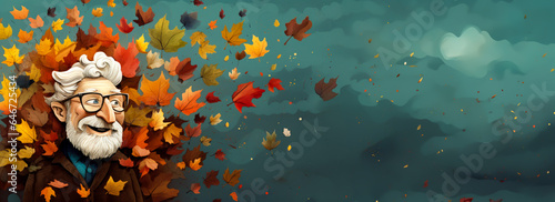 Colorful cartoon of an elderly man with falling leaves flying around him. Concept of old age, the mind, dementia or Alzheimer and the autumn of life. Copy space.