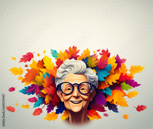 Colorful cartoon of an elderly woman with falling leaves flying around him. Concept of old age, the mind, dementia or Alzheimer and the autumn of life. Copy space.