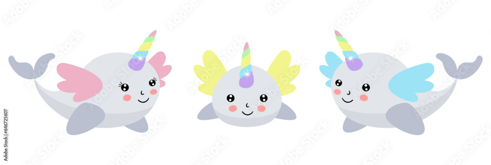 Happy unicorn whale family with mum, dad and baby

