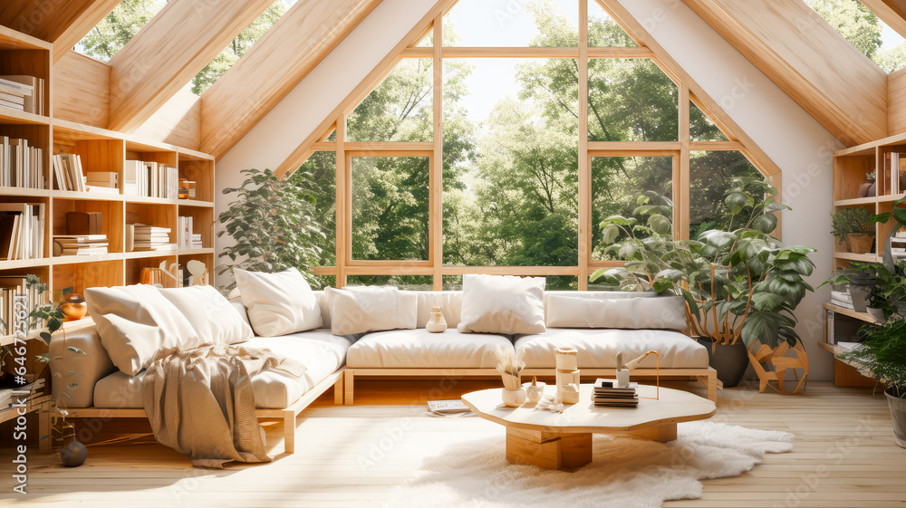 Inneneinrichtung in einem modernem Haus mit grossen Fenstern. Generiert mit KI Inneneinrichtung in einem modernem Haus mit grossen Fenstern. Generiert mit KI