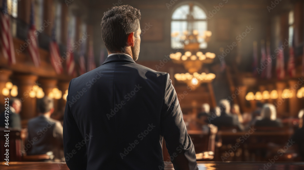 Back view of a attorney man stand in America style courtroom with USA flags on background.