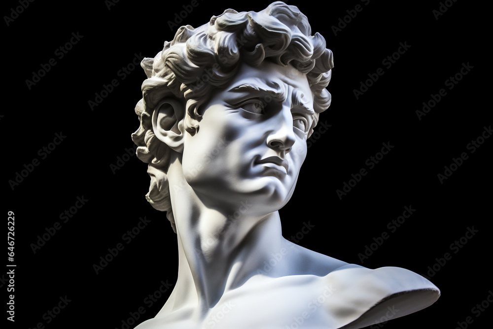 Gypsum statue of David's head. Michelangelo's David statue plaster copy isolated on white background. Ancient greek sculpture, statue of hero