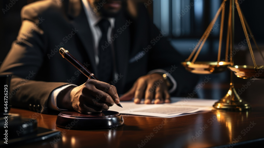 Close-up of african male lawyer sitting at table and working with documents.