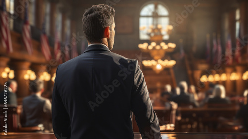 Back view of a attorney man stand in America style courtroom with USA flags on background.