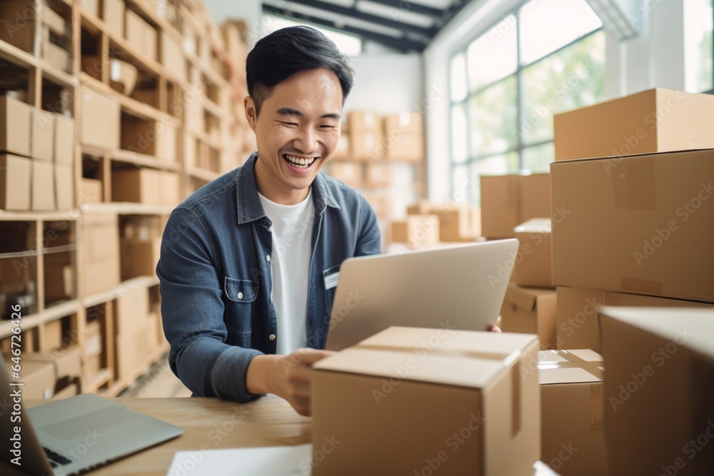 Young businessman working online shopping at home. Young businessman working online shopping at home.