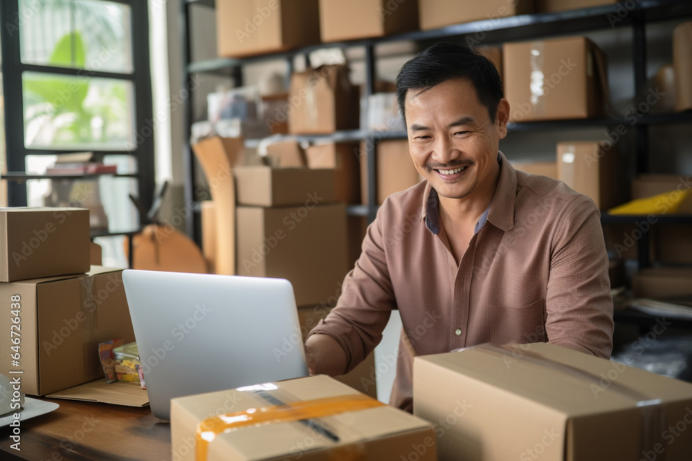 Young businessman working online shopping at home. Young businessman working online shopping at home.