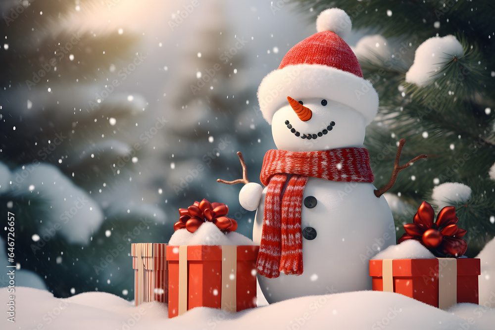 Happy snowman with gifts and christmas tree on snowvy for merry christmas celebration with blur background. 3D watercolor illustration background