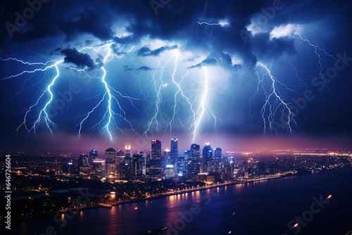 lightning storm over a city skyline at night, with bright flash of lightning illuminating the buildings, the sky, creating a sense of raw power and energy