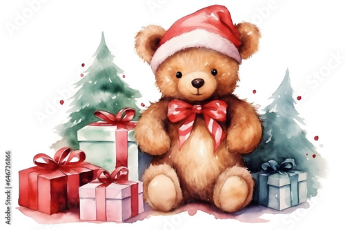 Cute bear with gifts with red hat, gift and christmas tree on white background for merry christmas celebration. Watercolor illustration background