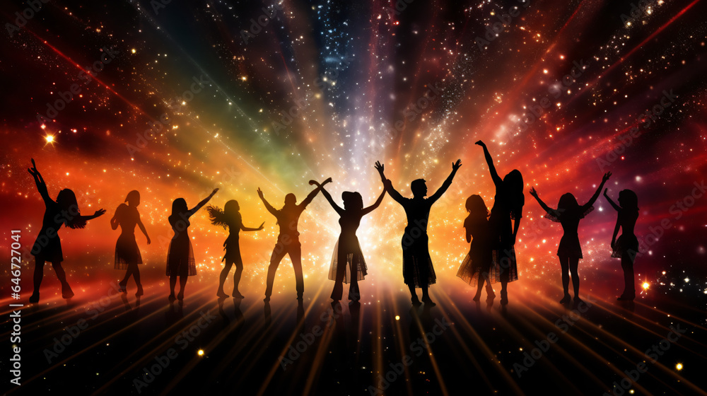 Silhouettes of people dancing on a glittery background
