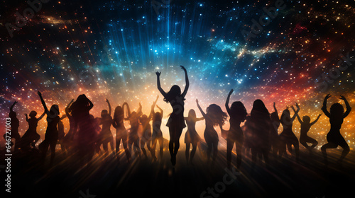 Silhouettes of people dancing on a glittery background