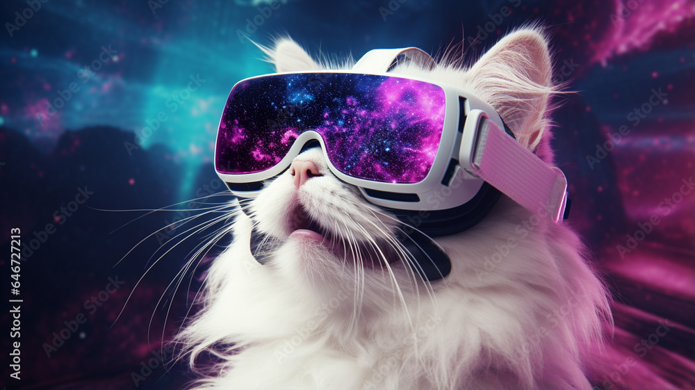 cat in VR glasses and white neon lights.
