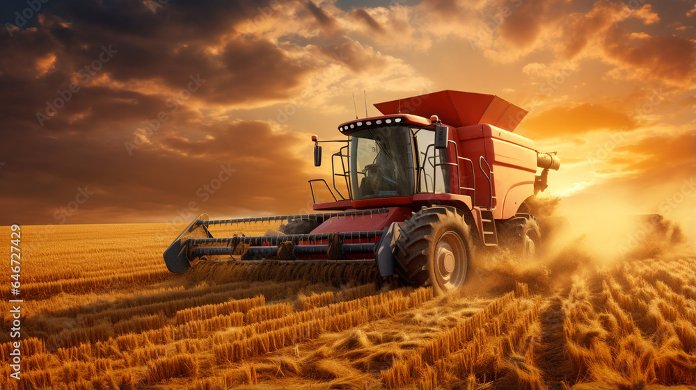 Fototapeta premium combine harvester working in wheat field at sunset.