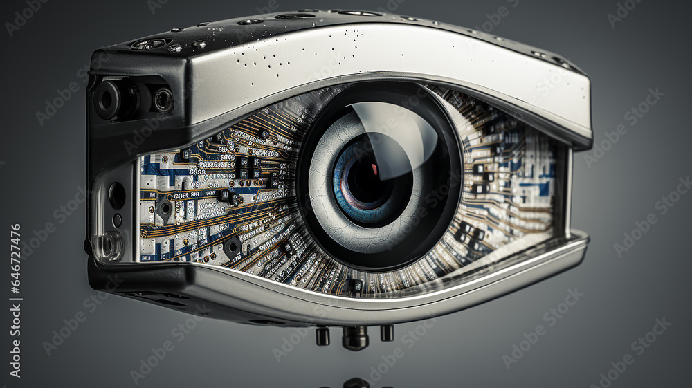 gadget computer eye, fantastic surveillance device, unusual surveillance camera concept of surveillance and recognition systems - obrazy, fototapety, plakaty 
