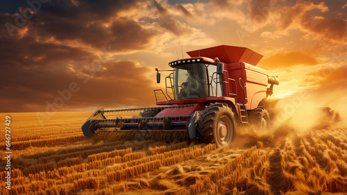 combine harvester working in wheat field at sunset.