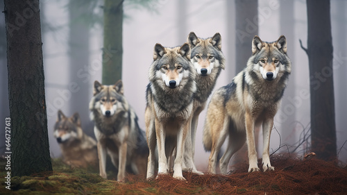 a pack of wolves in the autumn forest   frontal view of wildlife  predators hunting  fear of the attack of wild animals