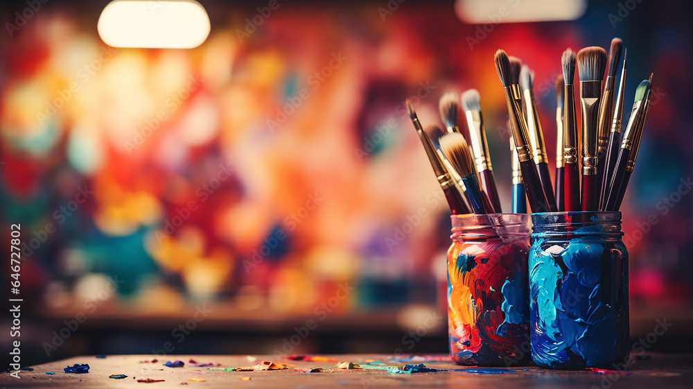 bright multicolored creative background, a group of brushes with paint on the background of a multicolored spectrum canvas, the idea of creativity banner, team - obrazy, fototapety, plakaty 