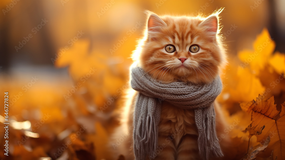 cat in autumn clothes in autumn park leaf fall, change autumn season calendar, joke - obrazy, fototapety, plakaty 
