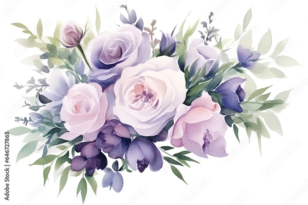 Beautiful watercolor summer bouquet with roses and eustoma. Illustration