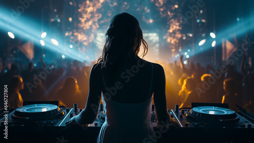 silhouette of a DJ at the remote control, a view from the back against the background of a nightclub with a crowd of dancing people, a night disco music festival © kichigin19