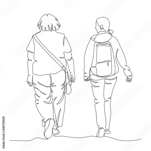 2 women big and slim with backpack walking. Back view. Black and white vector illustration in line art style. 