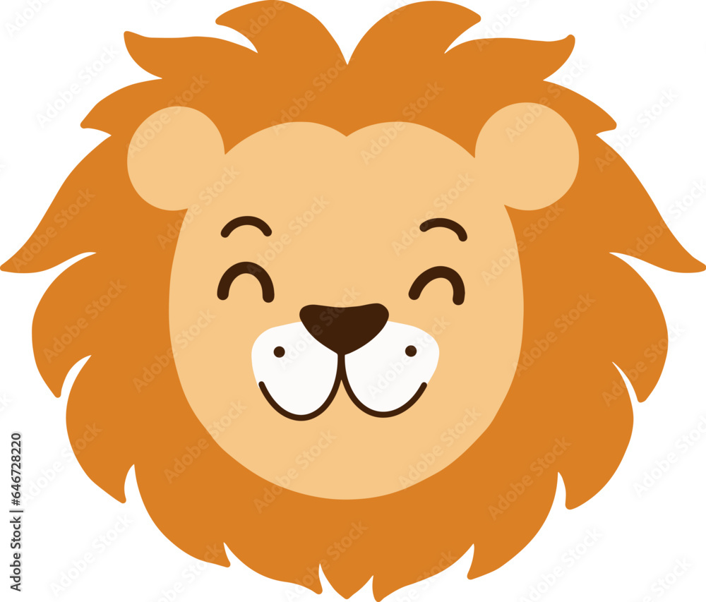 Cute lion head in flat cartoon style. Smiling jungle animal. Vector illustration Cute lion head in flat cartoon style. Smiling jungle animal. Vector illustration