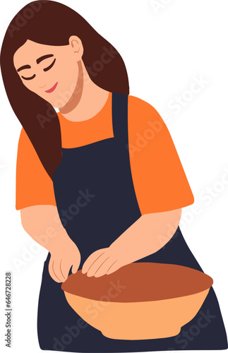 Young woman in apron making ceramic jar. Vector illustration.