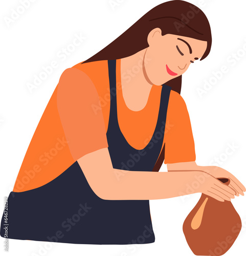 Young woman in apron making ceramic jar. Vector illustration.
