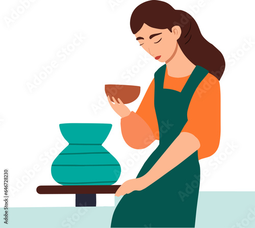 Young woman in apron making ceramic jar. Vector illustration.