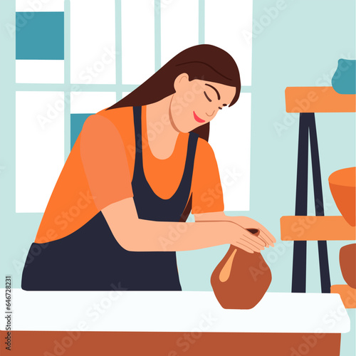 Pottery clayware crafting hobby, handmade pottery concept. Young woman on online ceramic lesson, earthenware workshop, professional clay artist in apron making ceramic jar. Vector illustration.