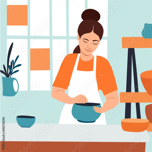 Pottery clayware crafting hobby, handmade pottery concept. Young woman on online ceramic lesson, earthenware workshop, professional clay artist in apron making ceramic jar. Vector illustration.