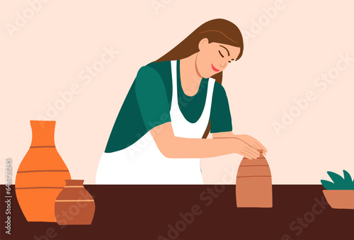 Pottery clayware crafting hobby, handmade pottery concept. Young woman on online ceramic lesson, earthenware workshop, professional clay artist in apron making ceramic jar. Vector illustration.