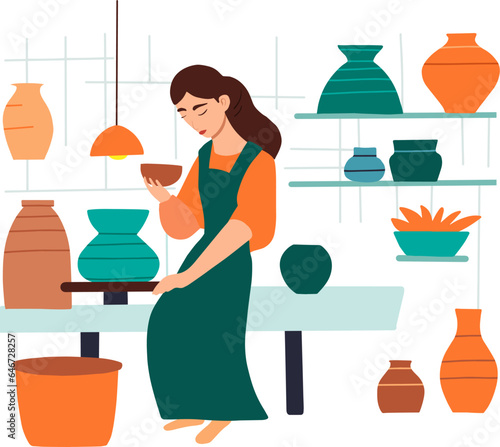 Pottery clayware crafting hobby, handmade pottery concept. Young woman on online ceramic lesson, earthenware workshop, professional clay artist in apron making ceramic jar. Vector illustration.