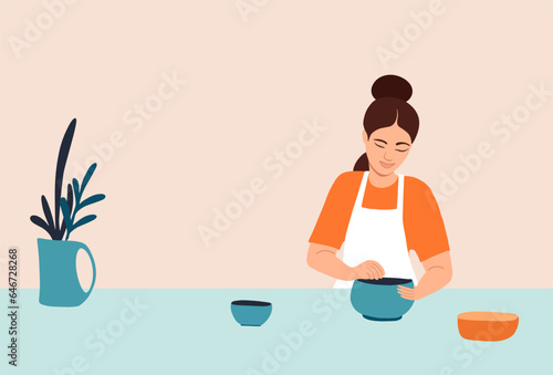 Pottery clayware crafting hobby, handmade pottery concept. Young woman on online ceramic lesson, earthenware workshop, professional clay artist in apron making ceramic jar. Vector illustration.