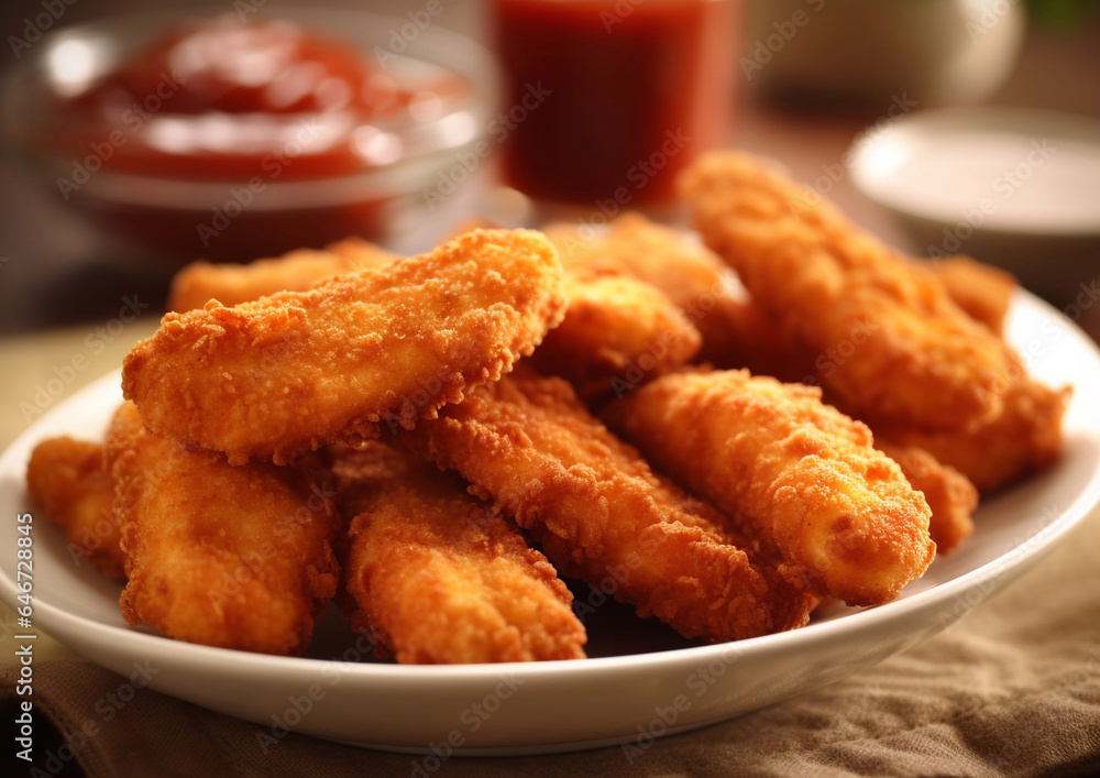 Plate with crispy fried chicken with tomato sauce on fast food restaurant table.Macro.AI Generative Plate with crispy fried chicken with tomato sauce on fast food restaurant table.Macro.AI Generative