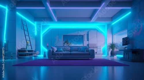 Empty Wall in a Futuristic Sci Fi Living Room with Light Yellow, Light Cyan, and Light Blue Neon. 