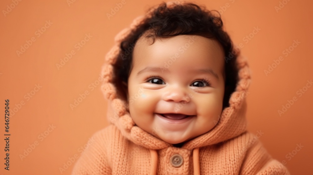 Portrait of a joyful infant in neutral attire, grinning at the camera on a beige studio background. Generative AI Portrait of a joyful infant in neutral attire, grinning at the camera on a beige studio background. Generative AI