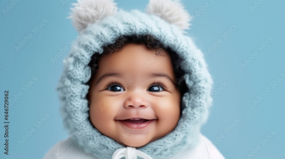 Smiling newborn in neutral clothes against a beige studio backdrop. Generative AI Smiling newborn in neutral clothes against a beige studio backdrop. Generative AI