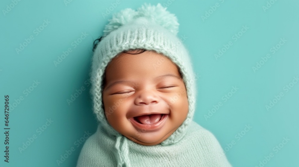 Smiling newborn in neutral clothes against a beige studio backdrop. Generative AI Smiling newborn in neutral clothes against a beige studio backdrop. Generative AI