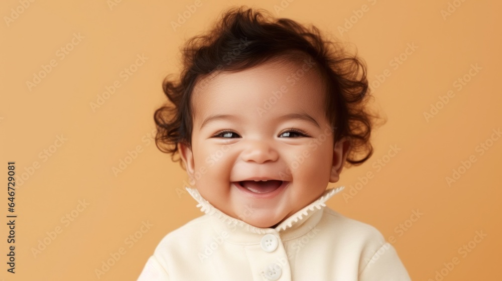 A happy newborn in neutral clothing, posing on a light beige studio background with a joyful smile. Generative AI A happy newborn in neutral clothing, posing on a light beige studio background with a joyful smile. Generative AI