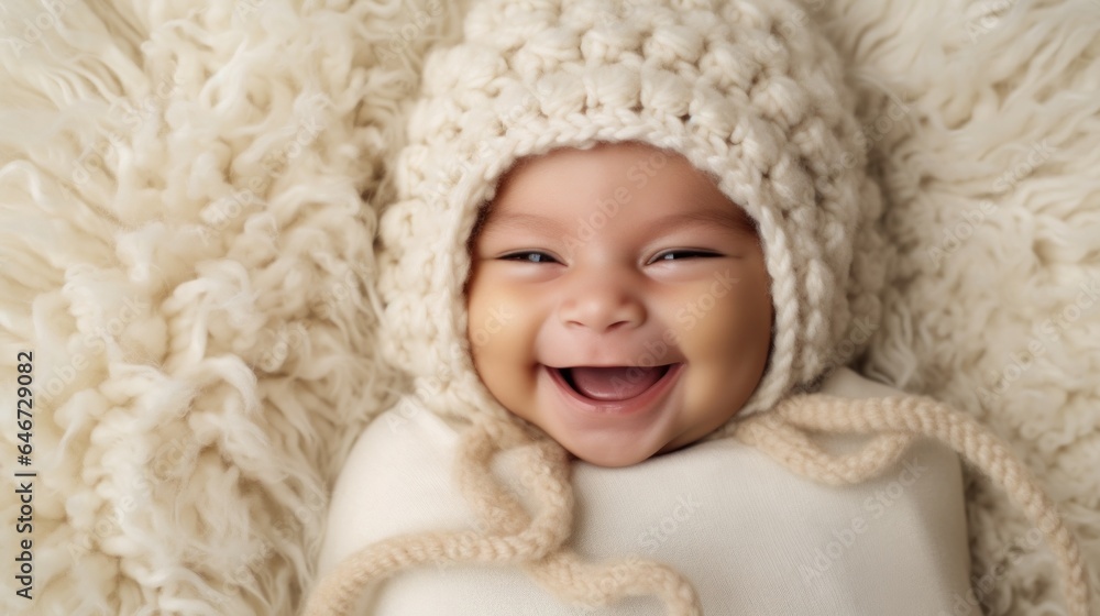 Portrait of a cheerful multicultural baby, wearing neutral attire, smiling at the camera on a light beige background. Generative AI Portrait of a cheerful multicultural baby, wearing neutral attire, smiling at the camera on a light beige background. Generative AI
