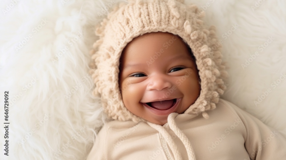 A happy newborn in neutral clothing, posing on a light beige studio background with a joyful smile. Generative AI A happy newborn in neutral clothing, posing on a light beige studio background with a joyful smile. Generative AI