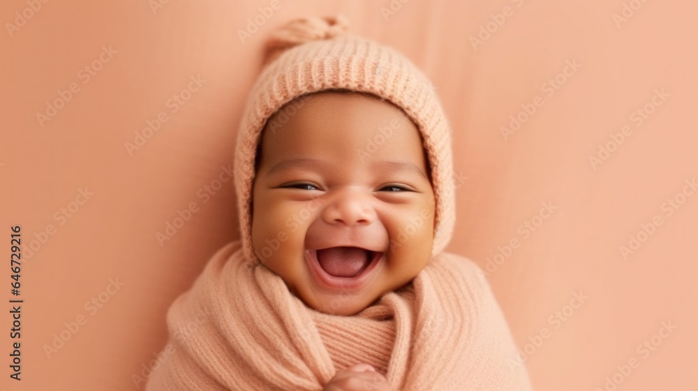 Beaming newborn baby in neutral clothes poses on a studio's beige backdrop. Generative AI
