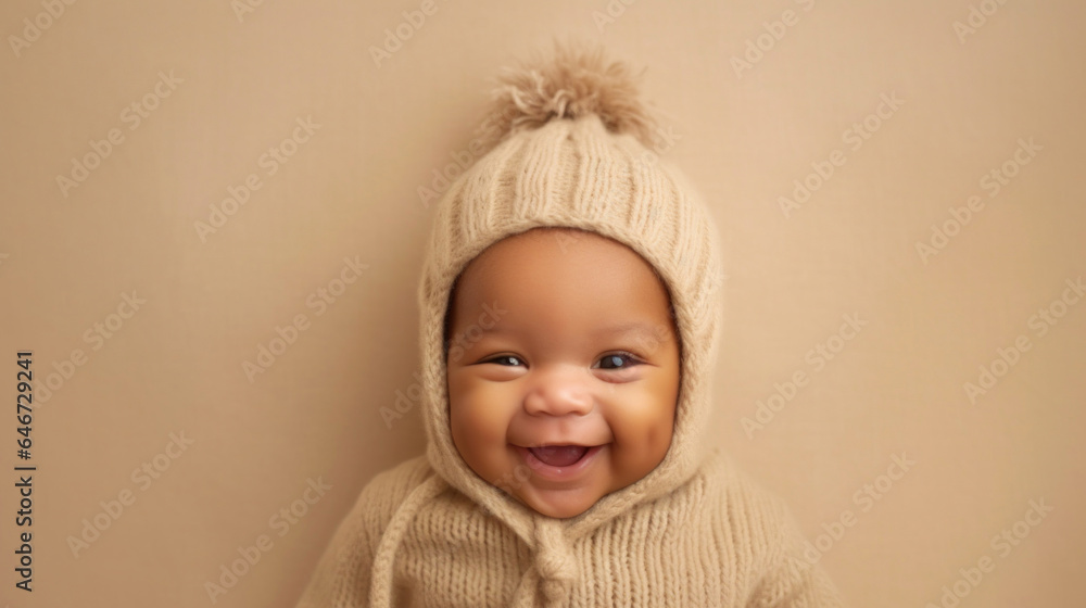 A happy multicultural infant in neutral attire smiles for the camera against a light beige backdrop. Generative AI A happy multicultural infant in neutral attire smiles for the camera against a light beige backdrop. Generative AI