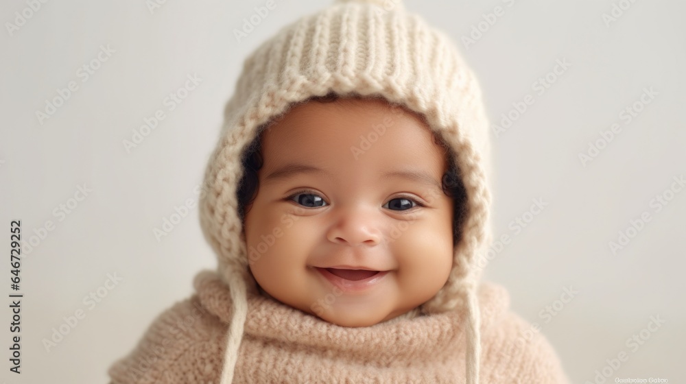A happy multicultural infant in neutral attire smiles for the camera against a light beige backdrop. Generative AI A happy multicultural infant in neutral attire smiles for the camera against a light beige backdrop. Generative AI