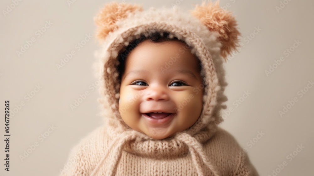 Newborn in neutral clothing joyfully smiles at the camera against a studio's beige backdrop. Generative AI Newborn in neutral clothing joyfully smiles at the camera against a studio's beige backdrop. Generative AI