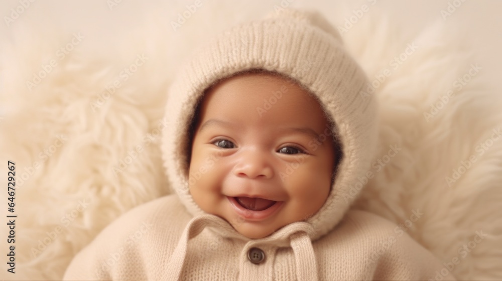 Multicultural baby grinning in neutral attire against a beige studio background. Generative AI Multicultural baby grinning in neutral attire against a beige studio background. Generative AI