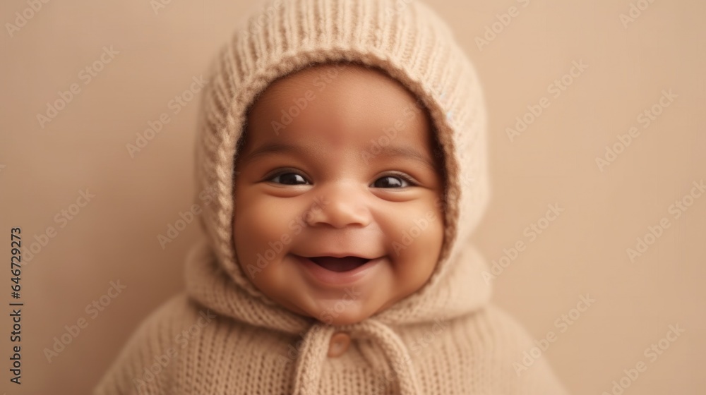 Portrait of a cheerful newborn in neutral clothes on a light beige background. Generative AI Portrait of a cheerful newborn in neutral clothes on a light beige background. Generative AI