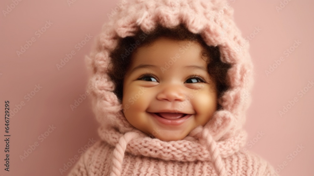 Multicultural baby in neutral clothes happily posing against a light beige backdrop. Generative AI Multicultural baby in neutral clothes happily posing against a light beige backdrop. Generative AI