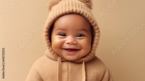 Newborn in neutral clothing joyfully smiles at the camera against a studio's beige backdrop. Generative AI